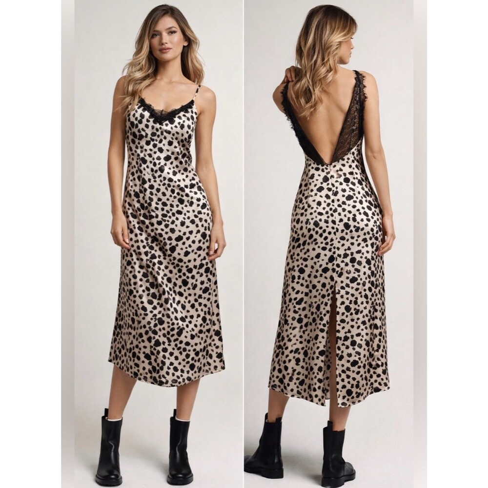 NWT By Anthropologie V-Neck Open Back Slip Midi Dress Black & White Pattern L